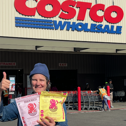 Wunderground founder Jody Hall holding Brain Wash SuperBoost and Craft Instant outside Costco.