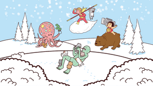 Wunderground Coffee's product characters from Time to Rise, Hocus Pocus, Brainchild, and Dream Supply playing in a snowy holiday setting  